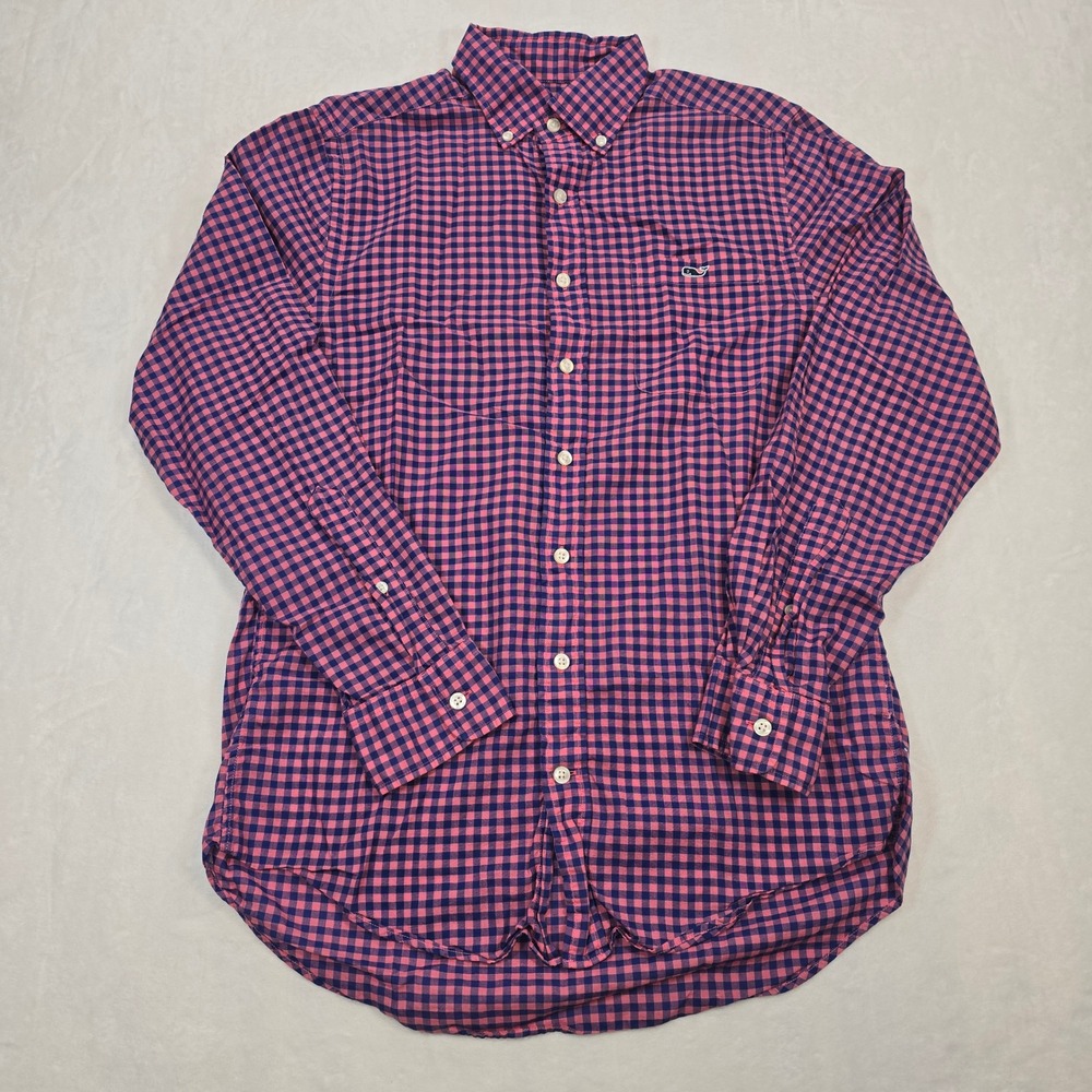 Vineyard Vines Slim Fit Tucker Shirt Mens Small Pink Navy Gingham Button Down